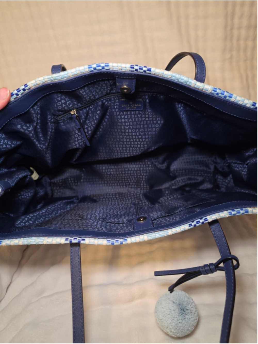 Women's Kate Spade Plaid Woven Tote Bag One Size Blue and White - Picture 8 of 9